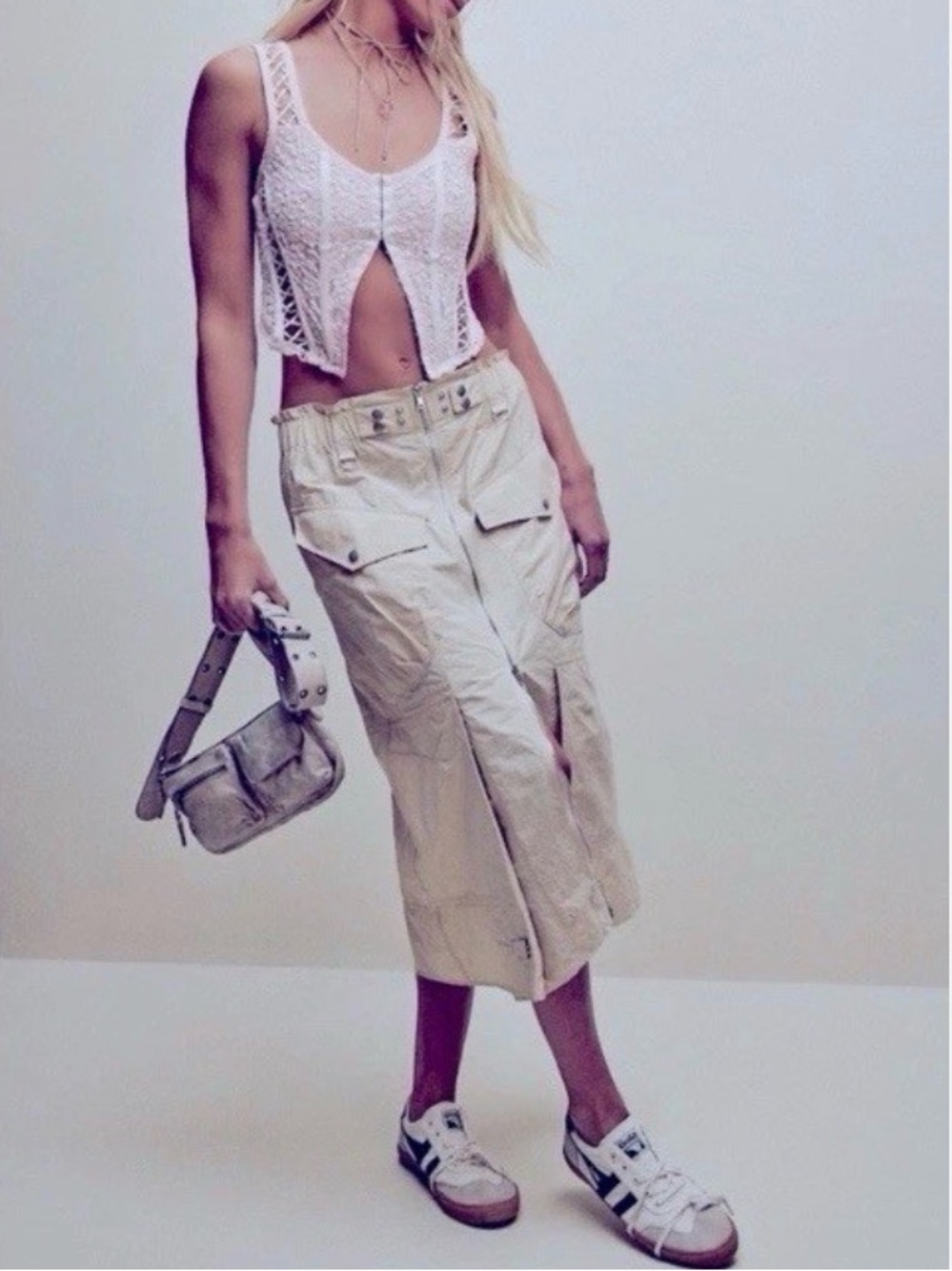 Free People Cream Utility Transition Cargo Midi Skirt with Elastic Waist XS